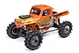 Losi LMT Bog Hog 4X4 RC monster truck in orange with flame decals and aggressive mud-terrain tires on a white background.