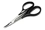 HPI Racing curved hobby scissors with black plastic handles and stainless steel blades on a white background.