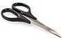 A pair of hobby scissors with black plastic handles and curved metal blades, isolated on a white background.