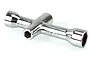A small chrome-plated cross wrench tool for RC cars, featuring four different sized hex socket ends.