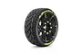 A single Louise B-Rocket 1/8 scale RC buggy wheel with a black multi-spoke rim and yellow branding on the rubber tyre, isolated on a white background.
