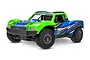 A Traxxas Mini Slash 4X4 BL2S RC short course truck in green and blue livery, viewed from a front three-quarter angle against a white background.