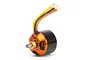 Spektrum Avian 5055-749Kv brushless outrunner motor with orange anodized housing and three bullet connector wires.