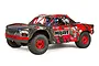 ARRMA MOJAVE 6S V2 BLX desert racer RC truck in red and black livery, featuring off-road tires and a detailed cockpit.