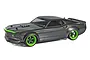 A 1/10 scale HPI RS4 Sport 3 RC drift car featuring a dark grey 1969 Ford Mustang body with bright green wheels and accents on a white background.