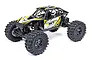Axial UTB18 Capra 4WS RC rock crawler in yellow and black, featuring a tube chassis, off-road tires, and driver figures.