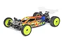 A 1/10 scale TLR 22X AC RC buggy with a custom painted body, neon yellow wheels, and off-road tires against a white background.