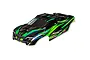 A pre-painted green and black Traxxas Mini XRT RC car body shell viewed from a high angle against a white background.