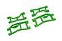 Four green Traxxas WideMaxx suspension arms for RC cars, including two upper and two lower arms, arranged on a white background.