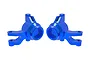 A pair of bright blue anodized aluminium steering hubs for Traxxas RC vehicles, shown against a plain white background.