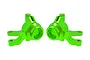 A pair of bright green anodized aluminium steering hubs for an RC vehicle, shown from a side-on perspective against a white background.