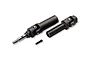 Traxxas WideMaxx Extreme HD CVD driveshaft assembly components including two shaft sections and a small set screw against a white background.
