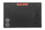 A black rectangular Traxxas rubber pit mat with a red and white Traxxas logo at the top and molded hexagonal compartments for organizing parts.