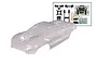 A clear, unpainted Traxxas 1/16 Mini XRT RC body shell shown with included black plastic parts and decal sheets.