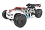 Team Associated 14T Reflex 1/14 scale RC truggy with a white, red, and checkered body shell on a white background.