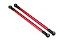 Two red anodized aluminium rear upper suspension links for Traxxas RC vehicles, featuring black plastic rod ends with metal pivot balls.