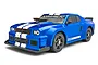 A blue Maverick Quantum R Flux 4S RC muscle car with white racing stripes, a hood scoop, and black wheels, shown from a front-quarter angle.