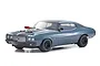 A studio shot of a Kyosho Fazer Mk2 1970 Chevrolet Chevelle RC car in dark blue with a prominent chrome supercharger protruding from the hood.