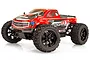 A red Maverick Strada MT 1/10 scale RC monster truck with black wheels and aggressive tread tires, shown from a front three-quarter angle against a white background.