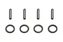 A set of four metal drive pins and four metal spacers arranged on a white background.