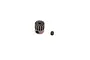 A 15-tooth metal pinion gear and a small black grub screw isolated on a white background.