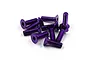 A pile of ten purple anodized aluminium countersunk screws with hex heads, isolated on a white background.