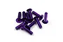 A pile of ten purple anodized aluminium countersunk head screws with hex drive sockets, arranged on a white background.