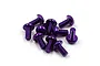 A pile of ten purple anodized aluminium button head screws for RC cars on a white background.
