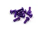 A pile of ten purple anodized aluminium button head screws with hex sockets on a white background.