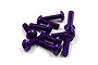 A small pile of purple anodized aluminium button head screws for RC cars on a white background.