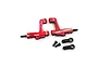 A pair of red anodized aluminium front suspension arms for an RC car, including two small black screws and two black ball joint ends.
