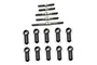 A set of five silver metal turnbuckles and ten black plastic rod ends arranged on a white background.