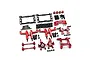 A collection of red anodized aluminium RC car upgrade parts including suspension arms, steering knuckles, and hardware laid out on a white background.