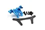 Yeah Racing blue aluminium bulkhead and graphite shock tower set for RC cars, including mounting screws and ball studs.