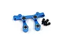 Yeah Racing blue anodized aluminium steering bellcrank and drag link assembly with included black ball studs on a white background.