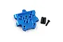 A blue anodized aluminium front lower suspension mount for an RC car, accompanied by two black cylindrical spacers and one black machine screw.