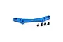 A blue anodized aluminium rear shock tower plate for RC cars by Yeah Racing, accompanied by four small black metal screws and ball studs.