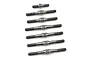 A set of seven silver-coloured metal turnbuckles of varying lengths arranged in a row on a white background.