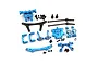 A collection of blue anodized aluminium RC car upgrade parts including suspension arms, steering knuckles, and drive shafts on a white background.