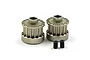Two titanium-coloured aluminium RC pulleys with a toothed design and two small black grub screws on a white background.