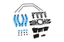 Yeah Racing aluminium sway bar set with blue mounts, metal sway bars, plastic ball ends, and various screws on a white background.