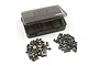 A Yeah Racing titanium screw set featuring a small, translucent grey plastic storage box and two piles of assorted metal hex-head screws on a white background.