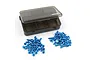 A set of blue anodized aluminium RC screws arranged in two piles next to a small, translucent grey plastic storage box with the Yeah Racing logo.