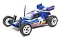 A blue Losi Mini JRX2 1/16 scale RC buggy with white wheels, a rear wing, and vintage-style racing decals on a white background.