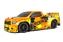 HPI Sport 3 Venom 2 RC touring truck with a bright orange and yellow splatter paint scheme, black wheels, and a rear spoiler on a white background.