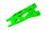 A bright green Traxxas lower suspension arm for an RC vehicle, shown from a top-down perspective against a white background.