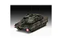 A studio shot of a fully assembled and painted 1/35 scale Revell Leopard 2A7A1 battle tank model with camouflage paint and red and white warning markers.