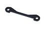 A flat, carbon fibre rear lower suspension arm pin brace for an RC car, featuring a woven pattern and two mounting holes.