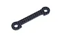 A flat, rectangular carbon fibre suspension arm pin brace with rounded ends and a hole in each end, isolated on a white background.