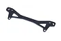 A black carbon fibre rear shock tower brace for an RC car, featuring a woven pattern and multiple mounting holes.